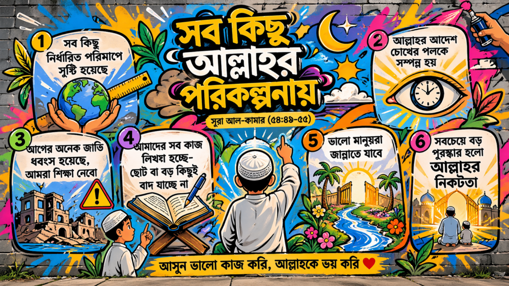 সূরা আল-কামার ৫৪:৪৯–৫৫: তাকদির, আল্লাহর অসীম ক্ষমতা ও মুত্তাকিদের জান্নাত