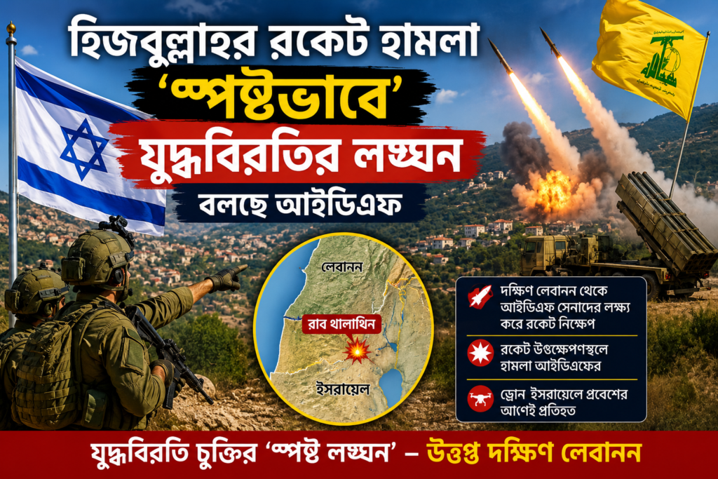 দক্ষিণ লেবাননে যুদ্ধবিরতির নতুন পরীক্ষা: হিজবুল্লাহর রকেট হামলা ও ইসরায়েলের পাল্টা আঘাত