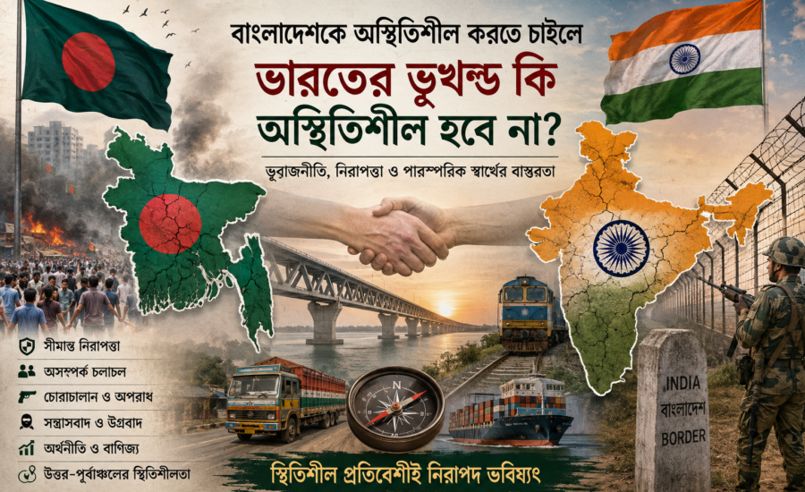 বাংলাদেশ-ভারত সীমান্ত, দুই দেশের মানচিত্র ও পতাকা—বাংলাদেশকে অস্থিতিশীল করলে ভারতের নিরাপত্তা ও উত্তর-পূর্বাঞ্চলে সম্ভাব্য প্রভাব