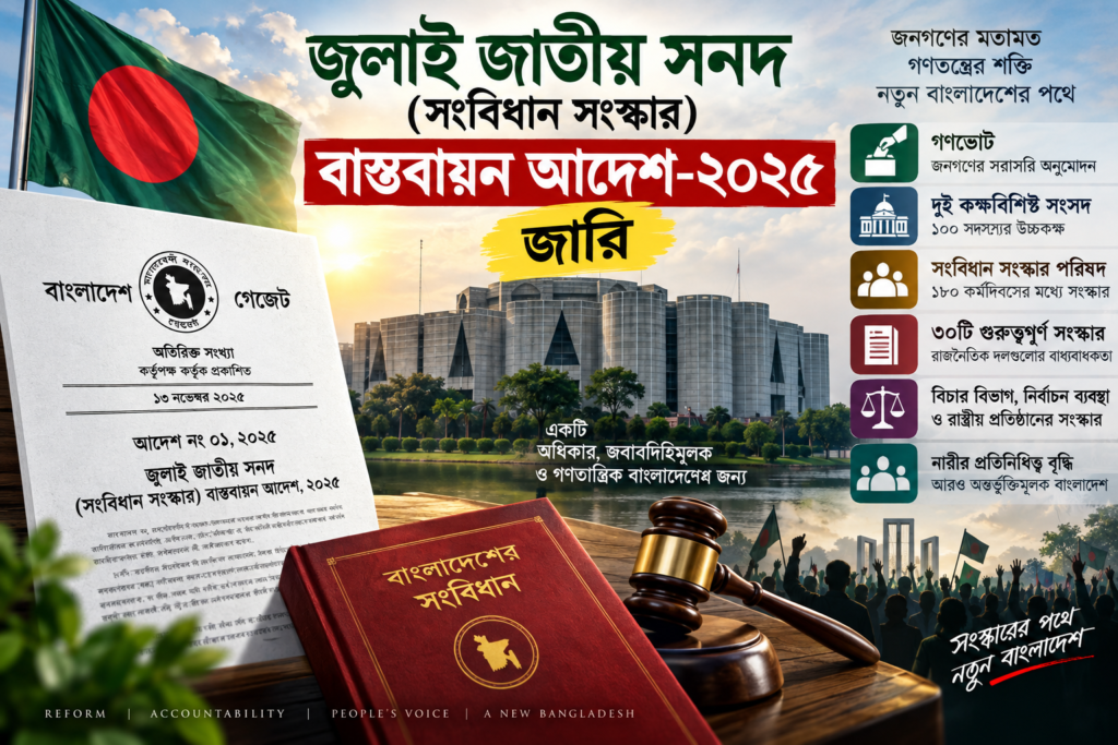 জুলাই জাতীয় সনদ (সংবিধান সংস্কার) বাস্তবায়ন আদেশ-২০২৫ জারি: বাংলাদেশের রাষ্ট্রীয় ও সাংবিধানিক কাঠামোয় নতুন অধ্যায়ের সূচনা