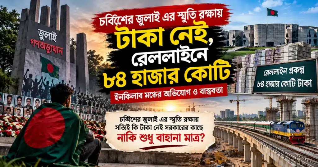 চব্বিশের জুলাই এর স্মৃতি রক্ষায় টাকা নেই, রেললাইনে ৮৪ হাজার কোটি: ইনকিলাব মঞ্চের অভিযোগ ও বাস্তবতা